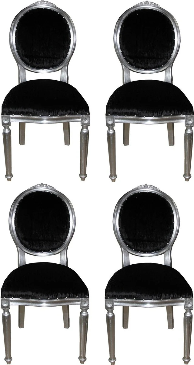 Luxus Barock Esszimmer Set Medaillon Schwarz / Silber 50 x 52 x H. 99 cm - 4 handgefertigte Esszimmerstühle - Barock Esszimmermöbel