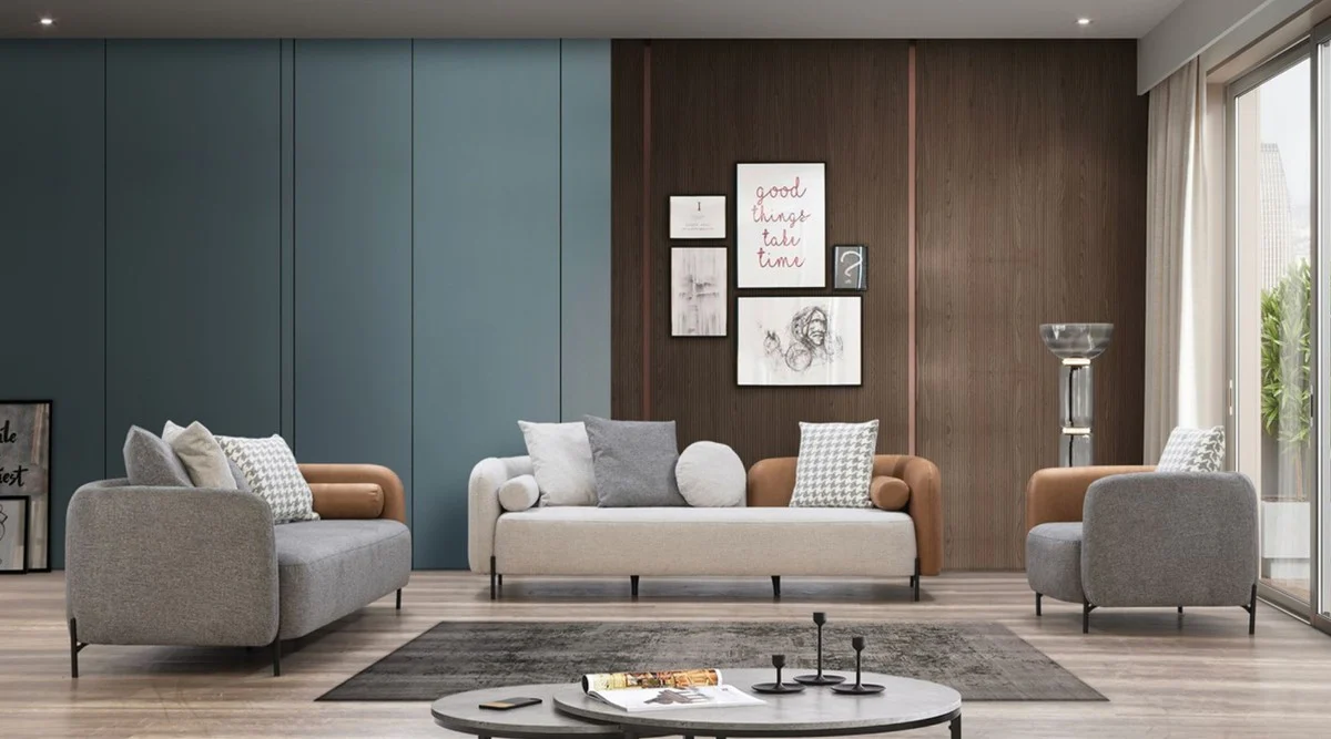 Luxus Sofa Hellgrau / Braun / Schwarz 255 x 90 x H. 70 cm - Wohnzimmer Sofa - Wohnzimmer Möbel - Luxus Möbel - Luxus Einrichtung