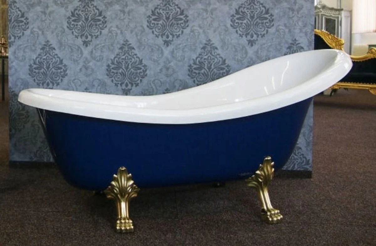 Luxus Jugendstil Badewanne Weiß / Saphirblau / Gold 174 x 83 x H. 81 cm - Freistehende Retro Badewanne mit Löwenfüßen - Retro Badezimmer Möbel