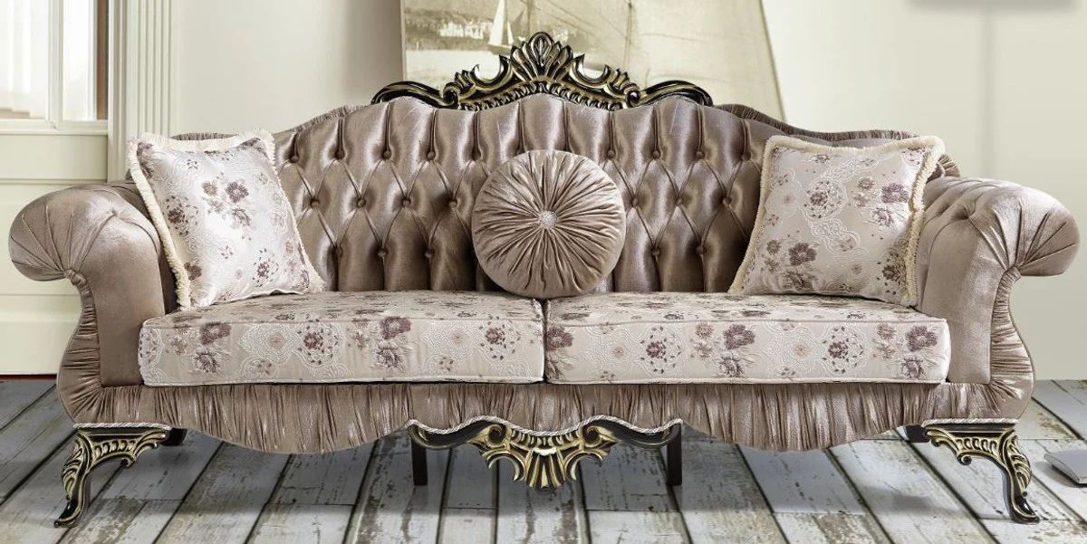 Barock Sofa Braun / Beige / Schwarz / Gold 227 x 81 x H. 110 cm - Prunkvolles Wohnzimmer Sofa mit Blumenmuster - Barockstil Möbel