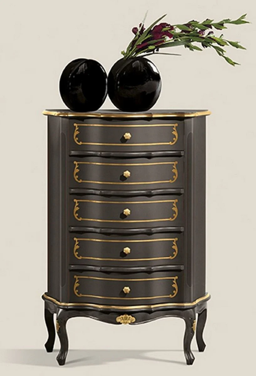 Luxus Barock Kommode Schwarz / Gold - Edler Massivholz Schrank mit 5 Schubladen - Barock Möbel - Luxus Qualität - Made in Italy