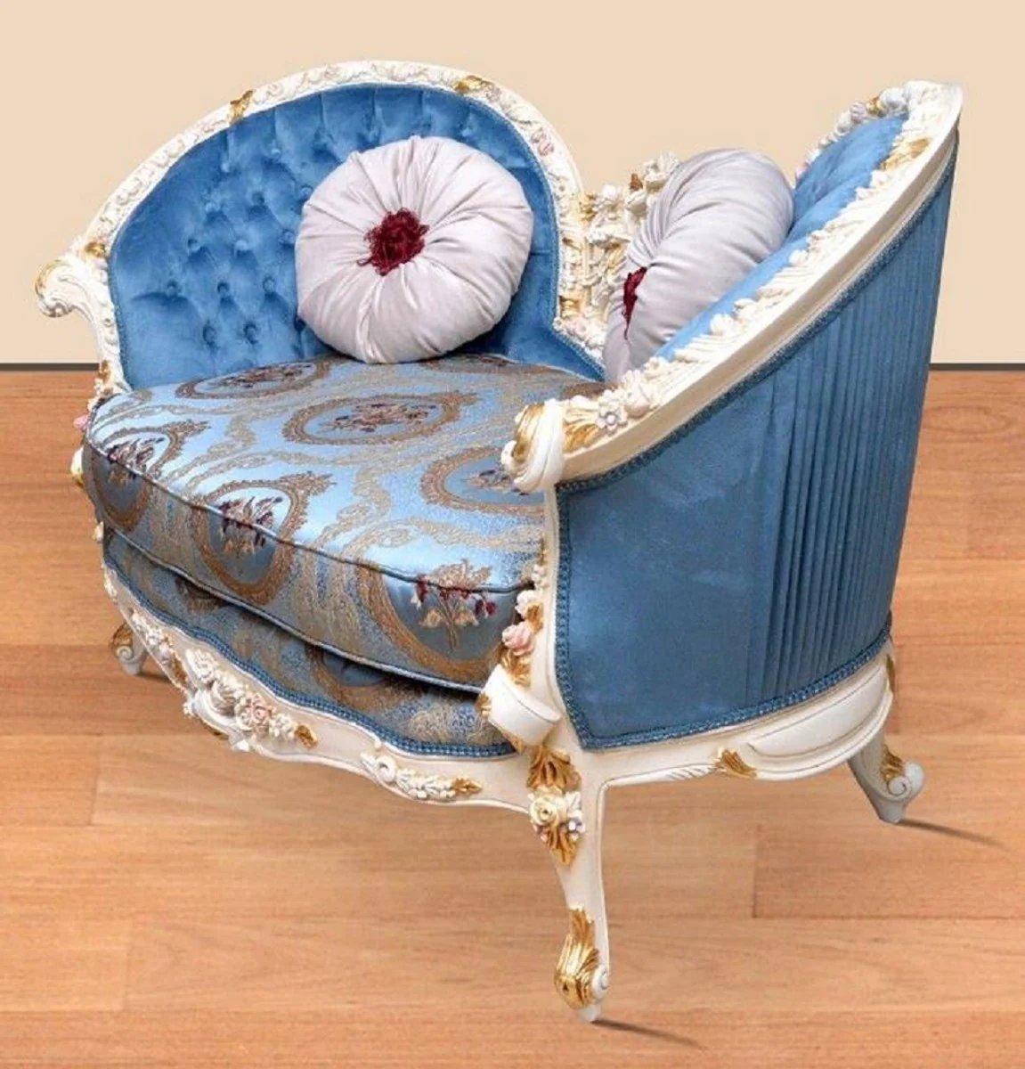 Barock Sofa Blau Muster / Weiß / Gold - Handgefertigtes Wohnzimmer Sofa im Barockstil - Prunkvolle Barock Wohnzimmer Möbel