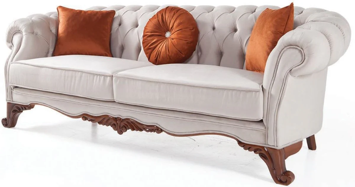 Luxus Barock Wohnzimmer Sofa mit Kissen Hellgrau / Braun 240 x 102 x H. 80 cm - Barock Möbel
