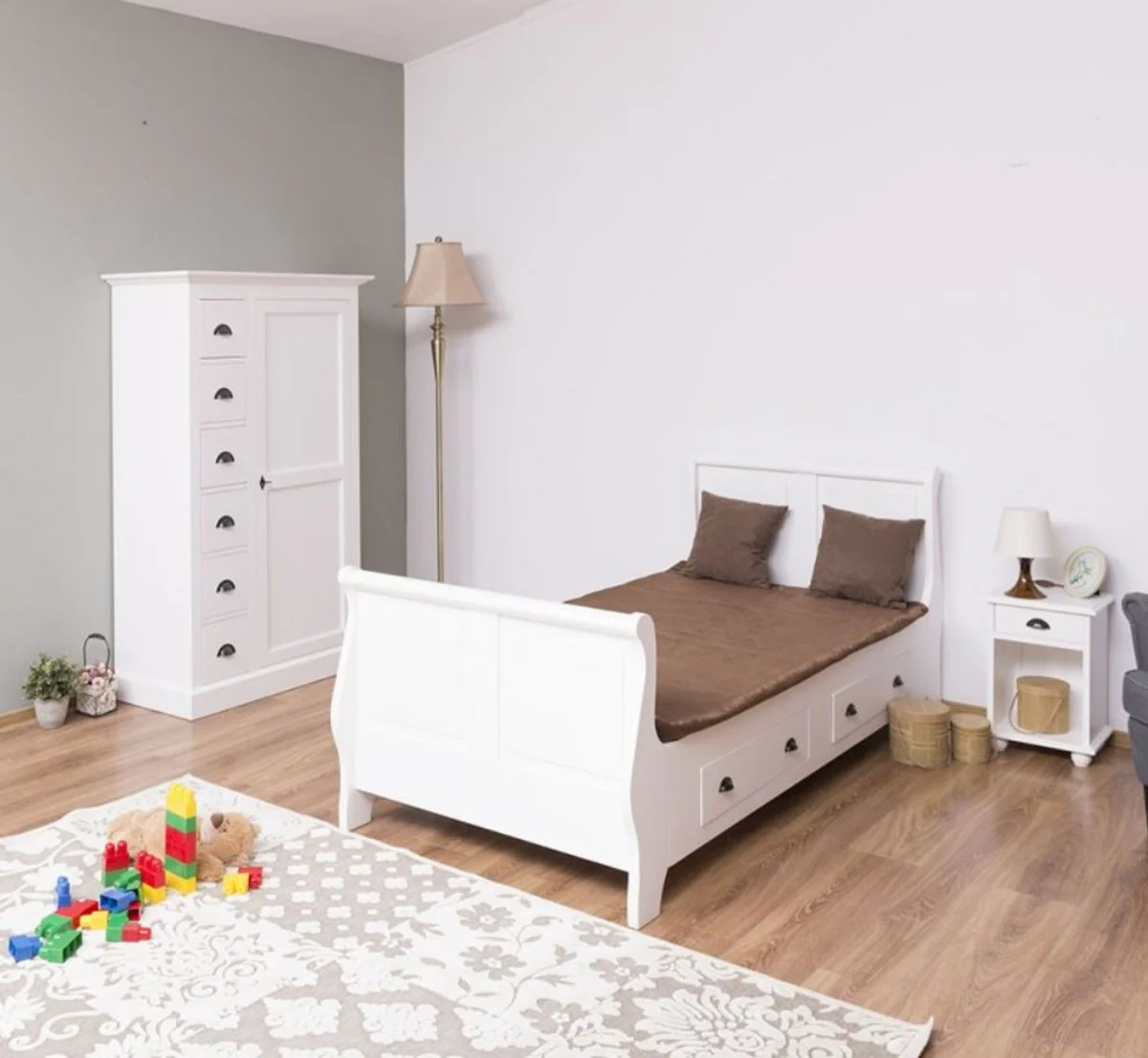 Landhausstil Massivholz Kinderzimmer Möbel Set Weiß - 1 Einzelbett & 1 Kleiderschrank & 1 Nachttisch - Landhausstil Möbel
