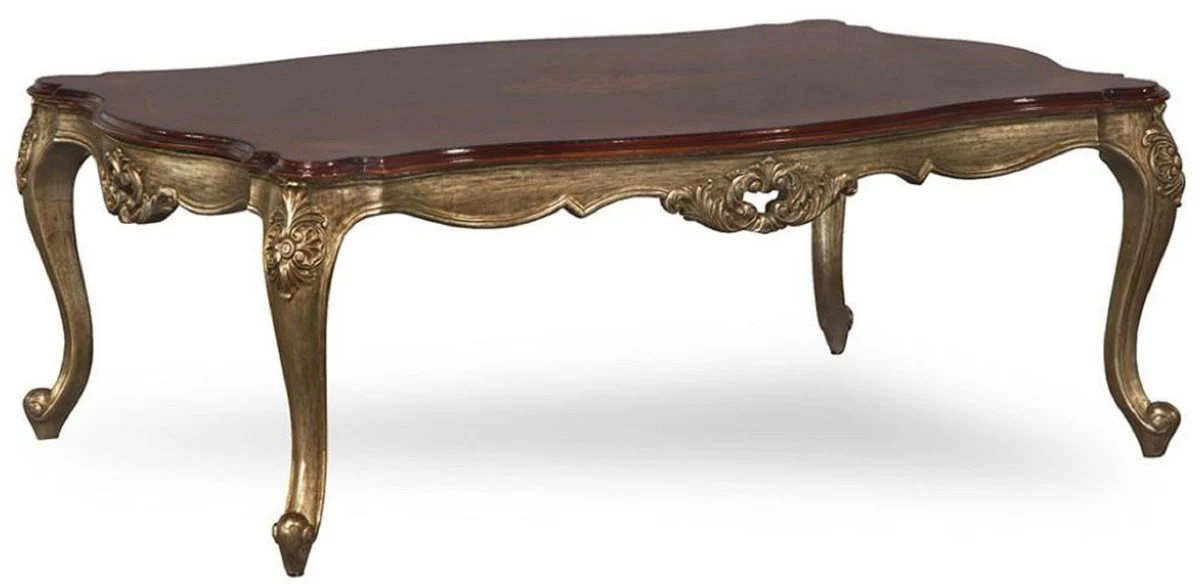Luxus Barock Couchtisch Dunkelbraun / Antik Gold - Handgefertigter Massivholz Wohnzimmertisch im Barockstil - Barock Wohnzimmer Möbel