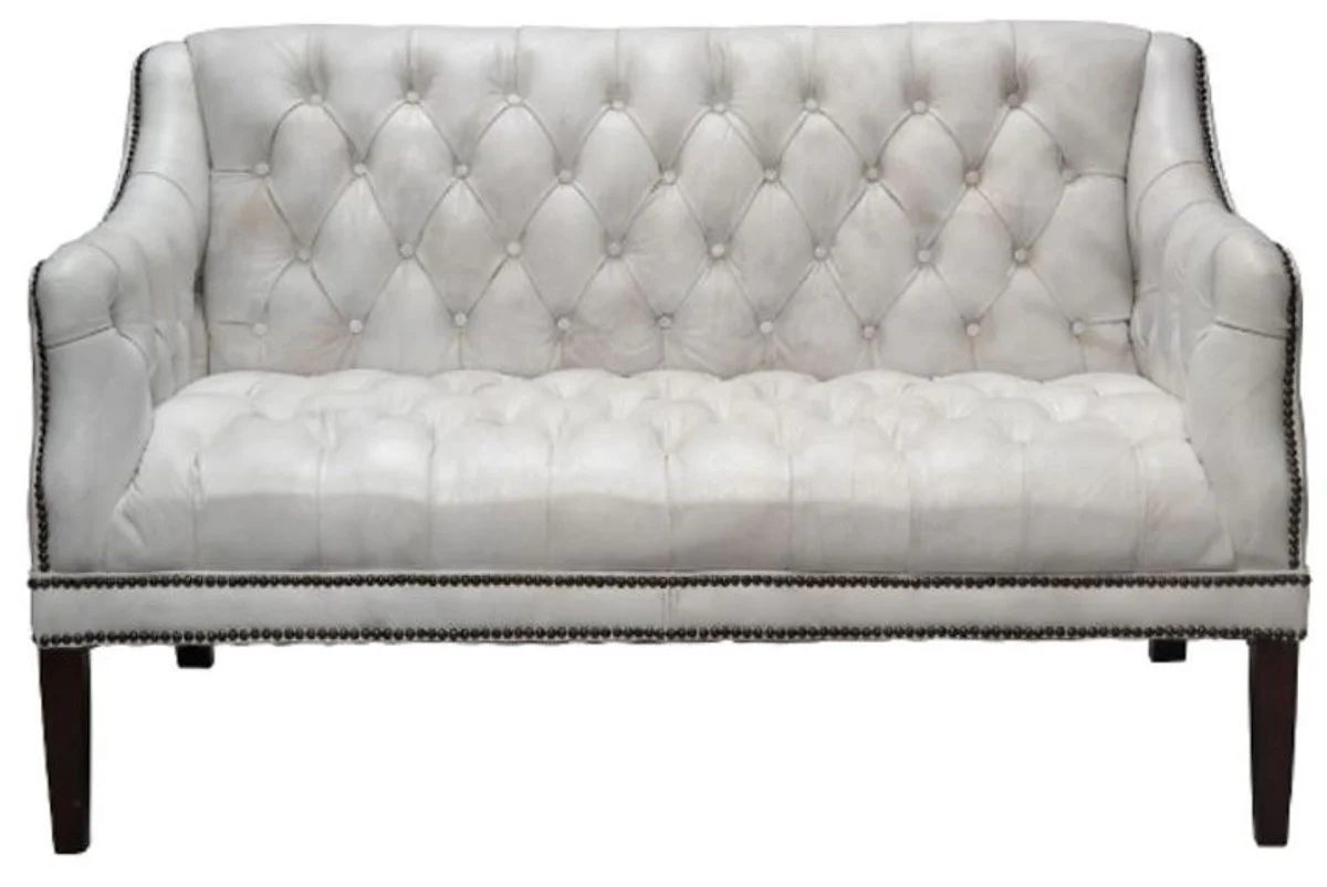 Luxus Echtleder 2er Sofa Vintage Weiß / Schwarz 135 x 79 x H. 84 cm - Chesterfield Wohnzimmermöbel