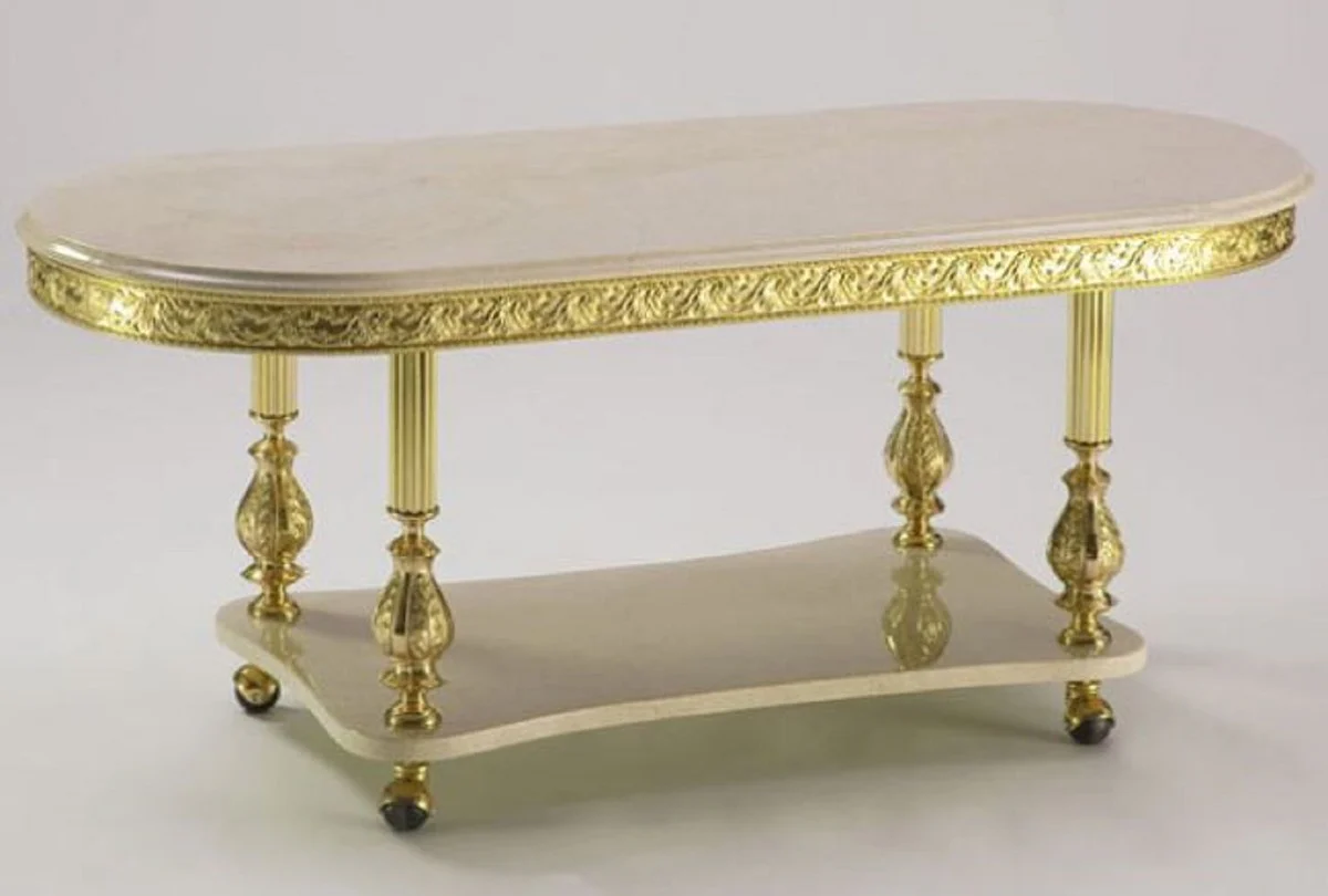 Luxus Barock Couchtisch Creme / Gold 120 x 50 x H. 43 cm - Ovaler Barockstil Wohnzimmertisch mit Marmor Tischplatten und Rollen - Barock Möbel - Luxus Qualität - Made in Italy