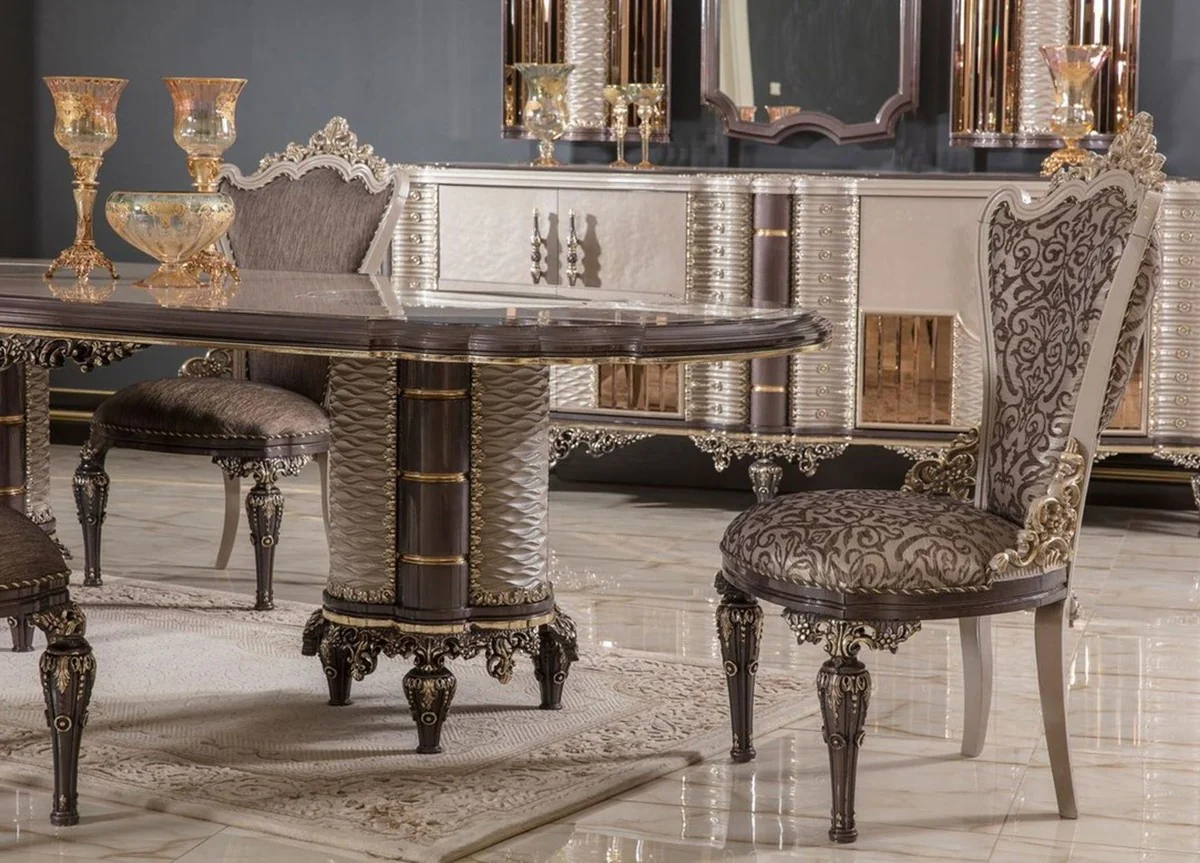 Luxus Barock Esszimmer Stuhl 6er Set Grau / Braun / Gold H. 110 cm - Barock Esszimmer Möbel