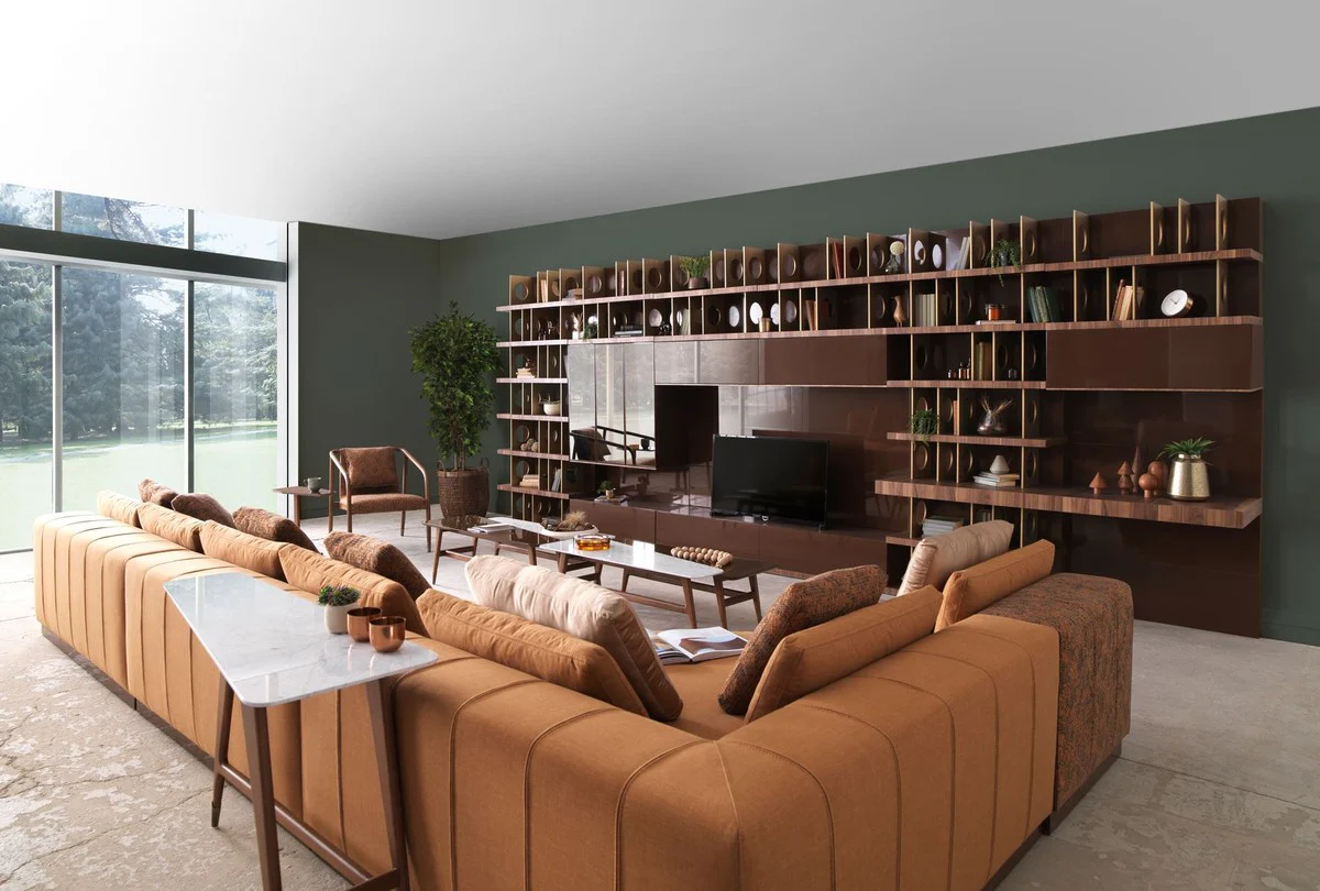 Luxus TV Schrank Dunkelbraun / Braun / Messing 576 x 60 x H. 224 cm - Riesiger Massivholz Wohnzimmer Schrank - Wohnzimmer Möbel - Hotel Möbel - Luxus Möbel