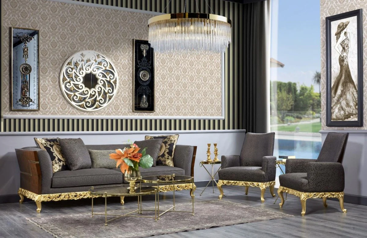 Luxus Barock Sofa Grau / Dunkelbraun / Gold - Prunkvolles Wohnzimmer Sofa - Barockstil Wohnzimmer Möbel - Luxus Möbel im Barockstil - Barock Einrichtung - Edel & Prunkvoll
