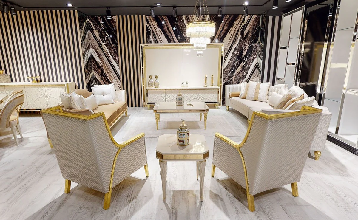 Luxus Barock Sofa Weiß / Gold - Gebogenes Wohnzimmer Sofa - Hotel Sofa - Luxus Barock Wohnzimmer & Hotel Möbel
