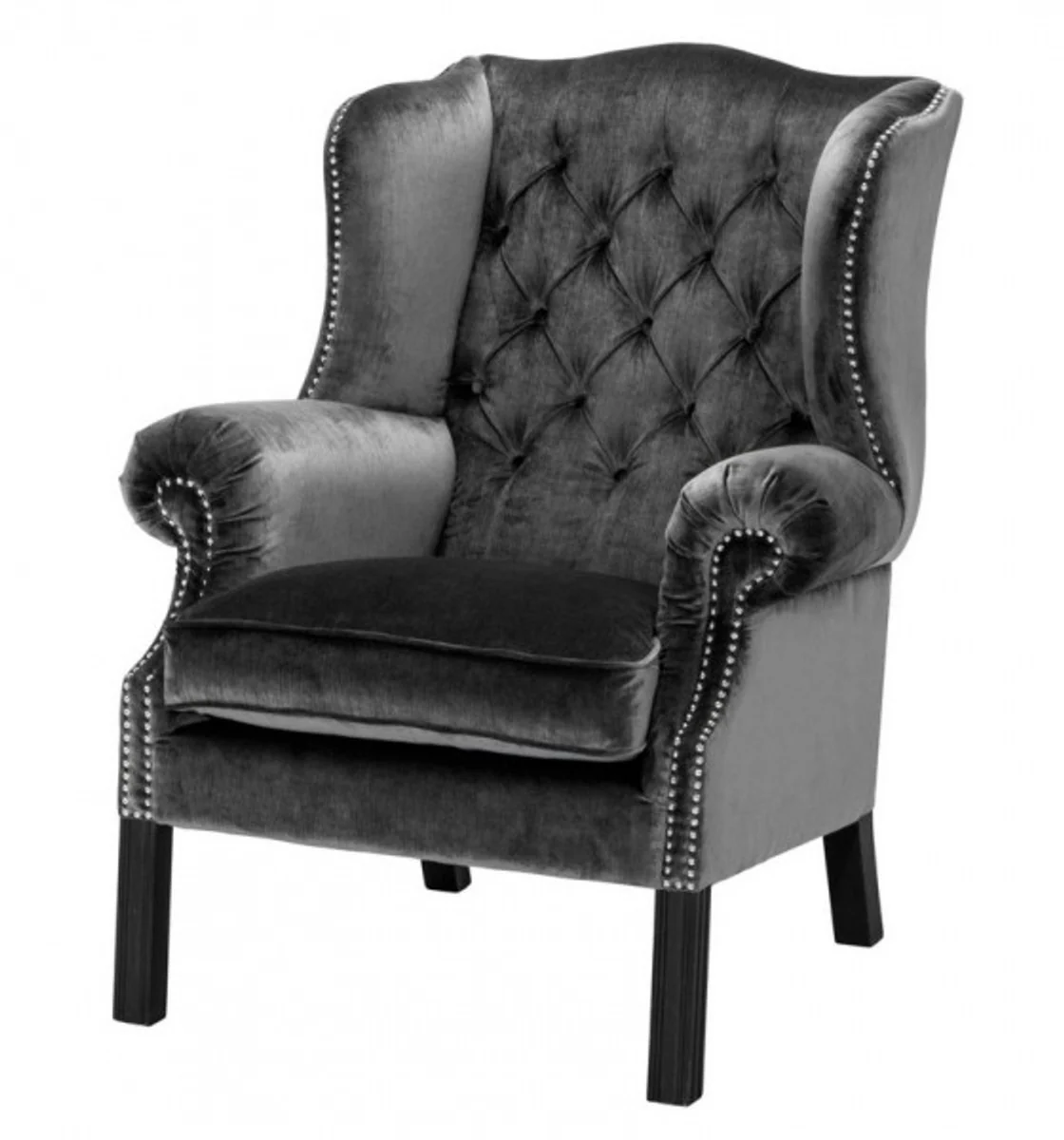 Luxus Chesterfield Ohrensessel Grau / Schwarz - Sessel Möbel