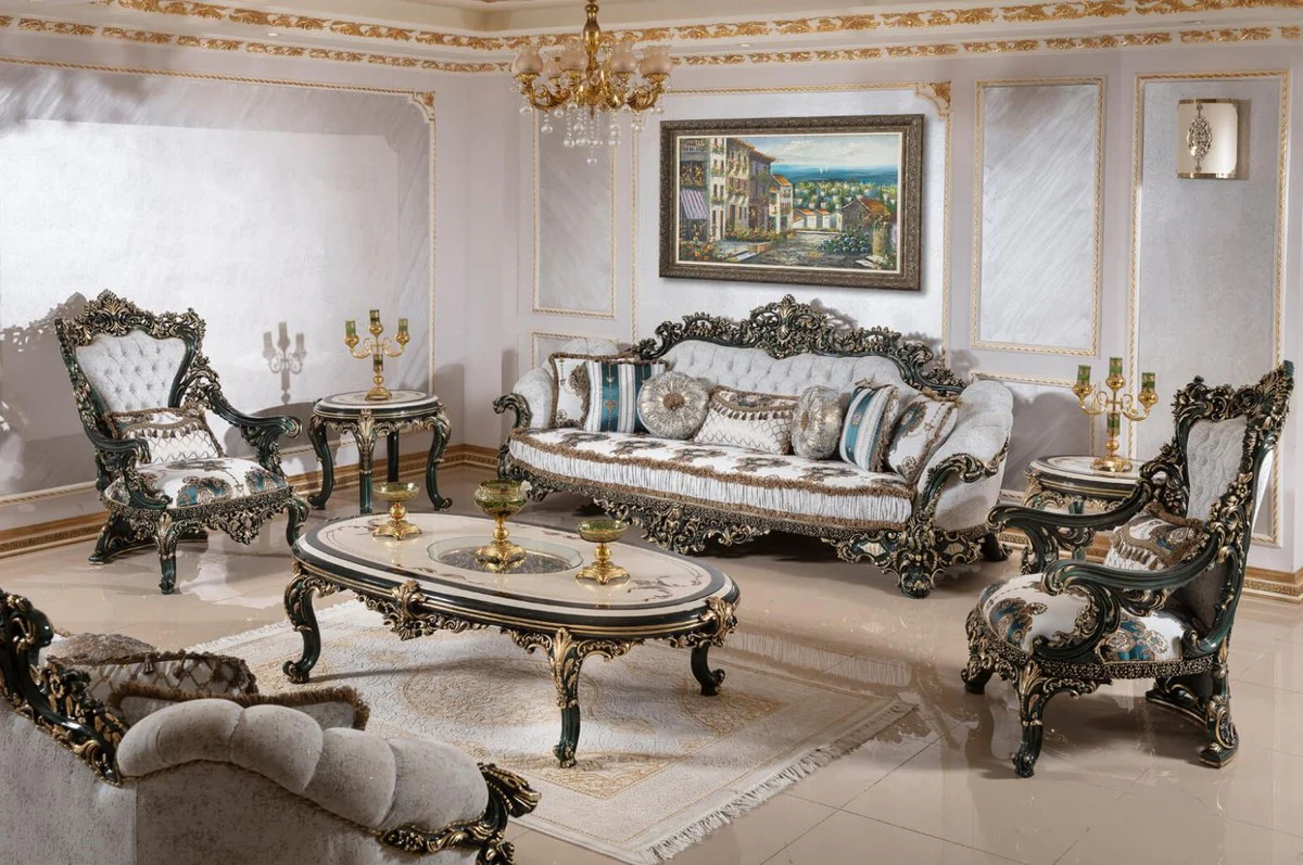 Luxus Barock Sofa Weiß / Mehrfarbig / Grün / Gold - Prunkvolles Wohnzimmer Sofa mit elegantem Muster - Barock Wohnzimmer & Hotel Möbel - Edel & Prunkvoll