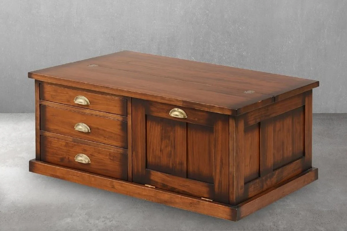 Luxus Vintage Stil Couchtisch Braun / Messing 105 x 69 x H. 46 cm - Rechteckiger Massivholz Wohnzimmertisch - Vintage Stil Wohnzimmer Möbel - Luxus Möbel