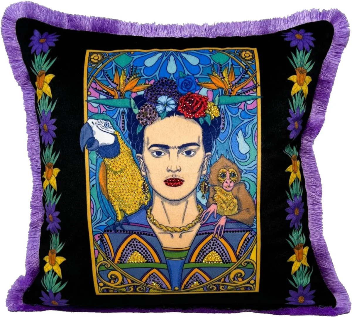 Frida Kahlo by Luxus Deko Kissen mit Strass Steinen Schwarz / Bunt / Lila