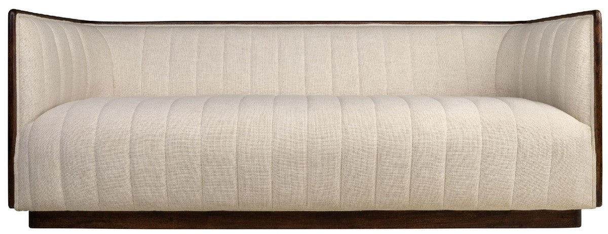 Luxus Sofa Beige / Dunkelbraun 202 x 82,5 x H. 75,5 cm - Wohnzimmer Sofa mit edlem Mindiholz und Sesam Stoff - Wohnzimmer Möbel - Luxus Qualität