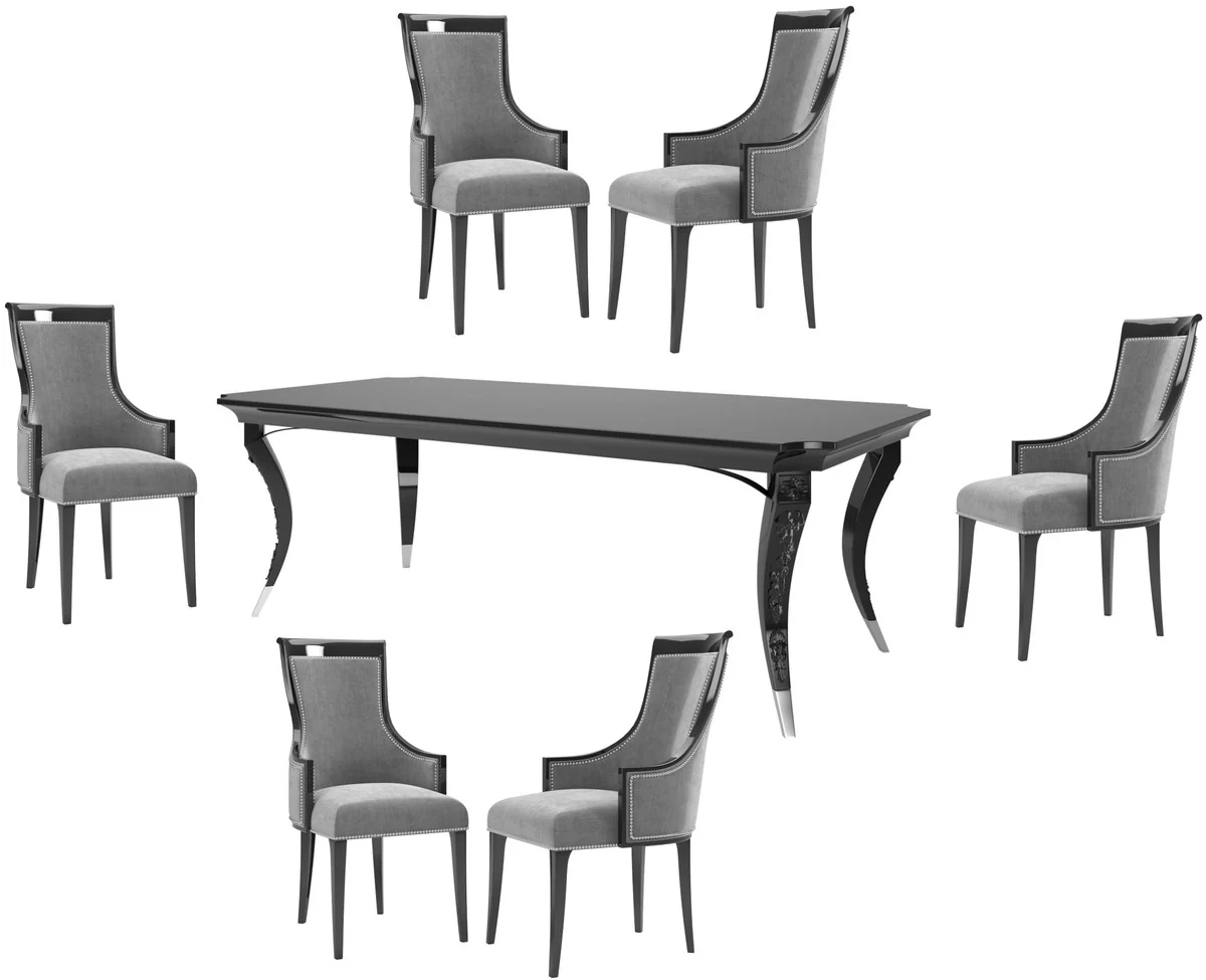 Luxus Art Deco Esszimmer Set Grau / Schwarz / Silber - 1 Esszimmertisch & 6 Esszimmerstühle - Luxus Qualität - Art Deco Esszimmer Möbel