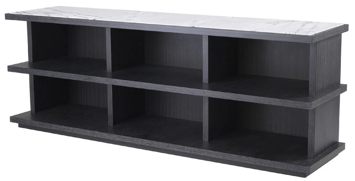 Luxus Regalschrank Anthrazitgrau / Weiß / Fliederfarben 220 x 55 x H. 80 cm - Edler Massivholz Schrank mit 3 Regalen und Marmorplatten - Luxus Wohnzimmer Möbel