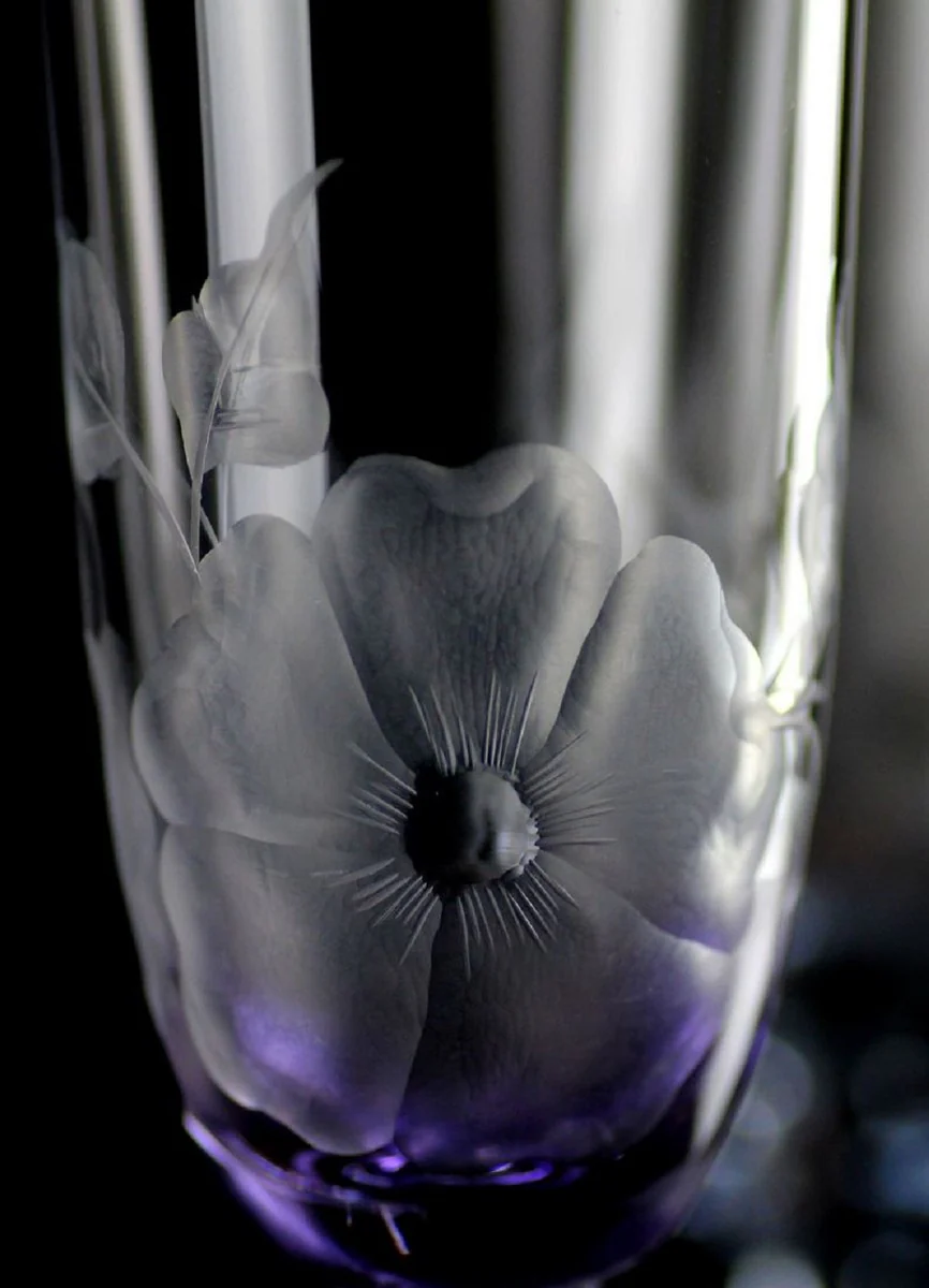 Luxus Barock Champagnerglas 6er Set Lila Ø 7 x H. 24,5 cm - Handgefertigte und handgravierte Champagnergläser mit Blumen Design - Hotel & Restaurant Accessoires