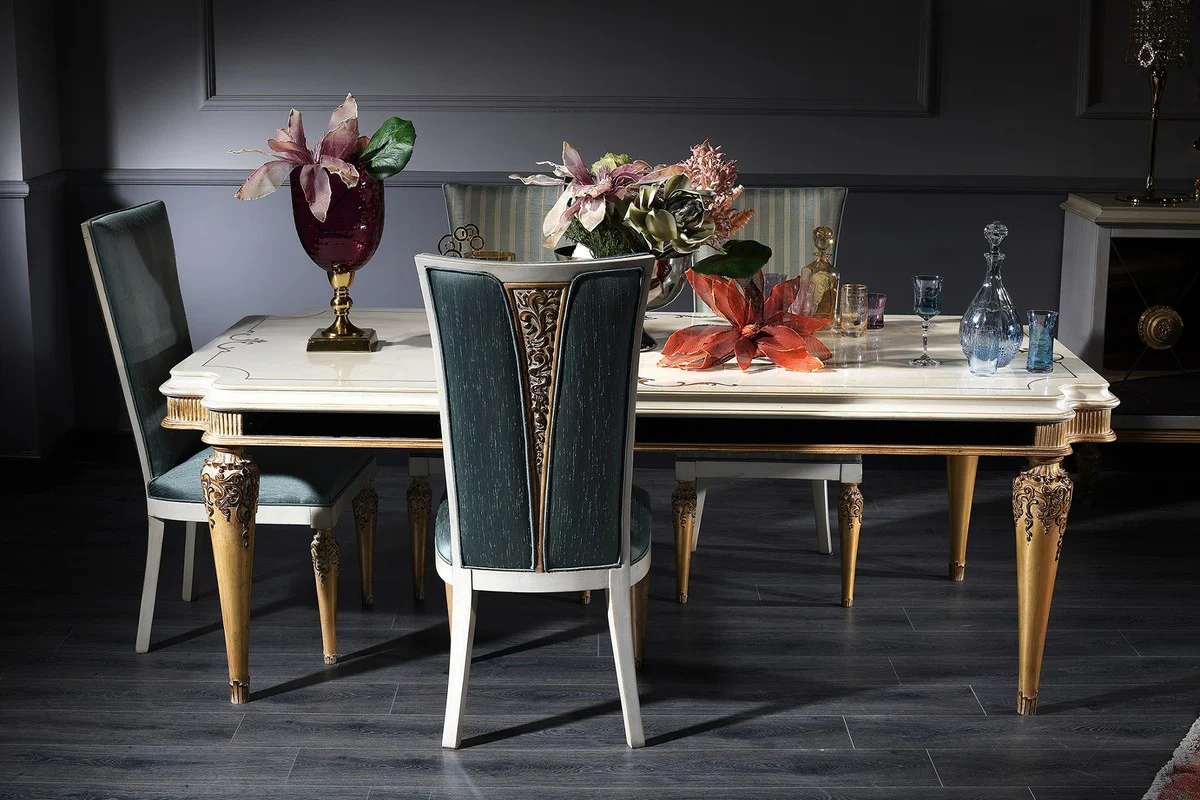 Luxus Barock Esszimmer Set Türkis / Weiß / Gold - 1 Esstisch und 4 Esszimmerstühle - Barock Esszimmermöbel