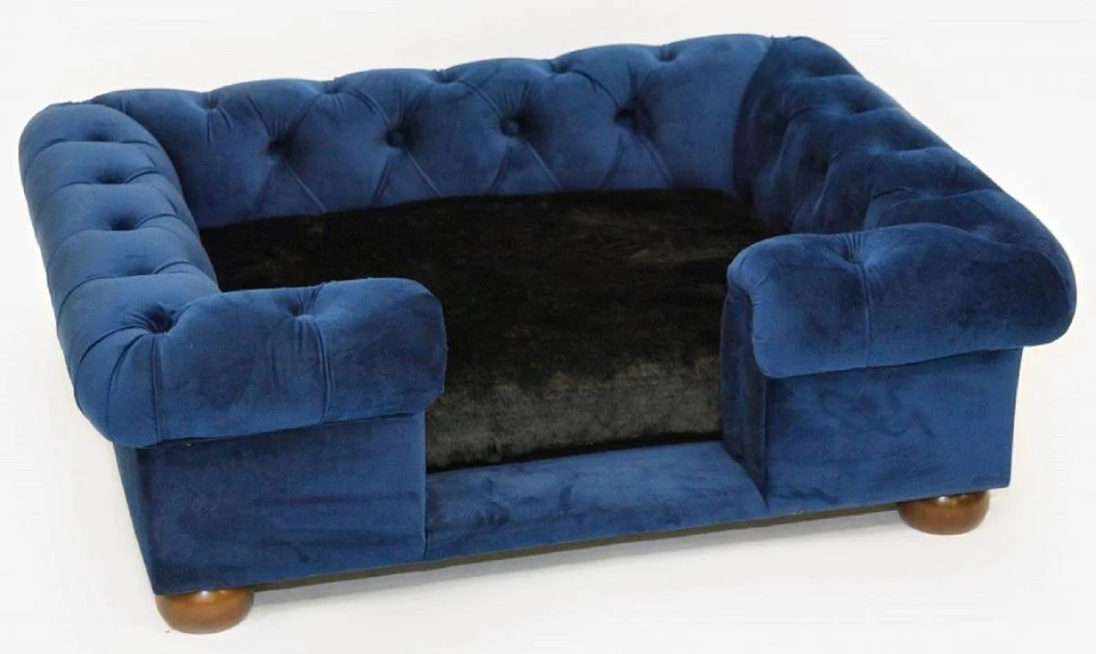 Luxus Chesterfield Hundebett Blau / Braun / Schwarz 79 x 69 x H. 31 cm - Rechteckiges Hundebett - Luxus Chesterfield Hundemöbel - Luxus Chesterfield Tiermöbel