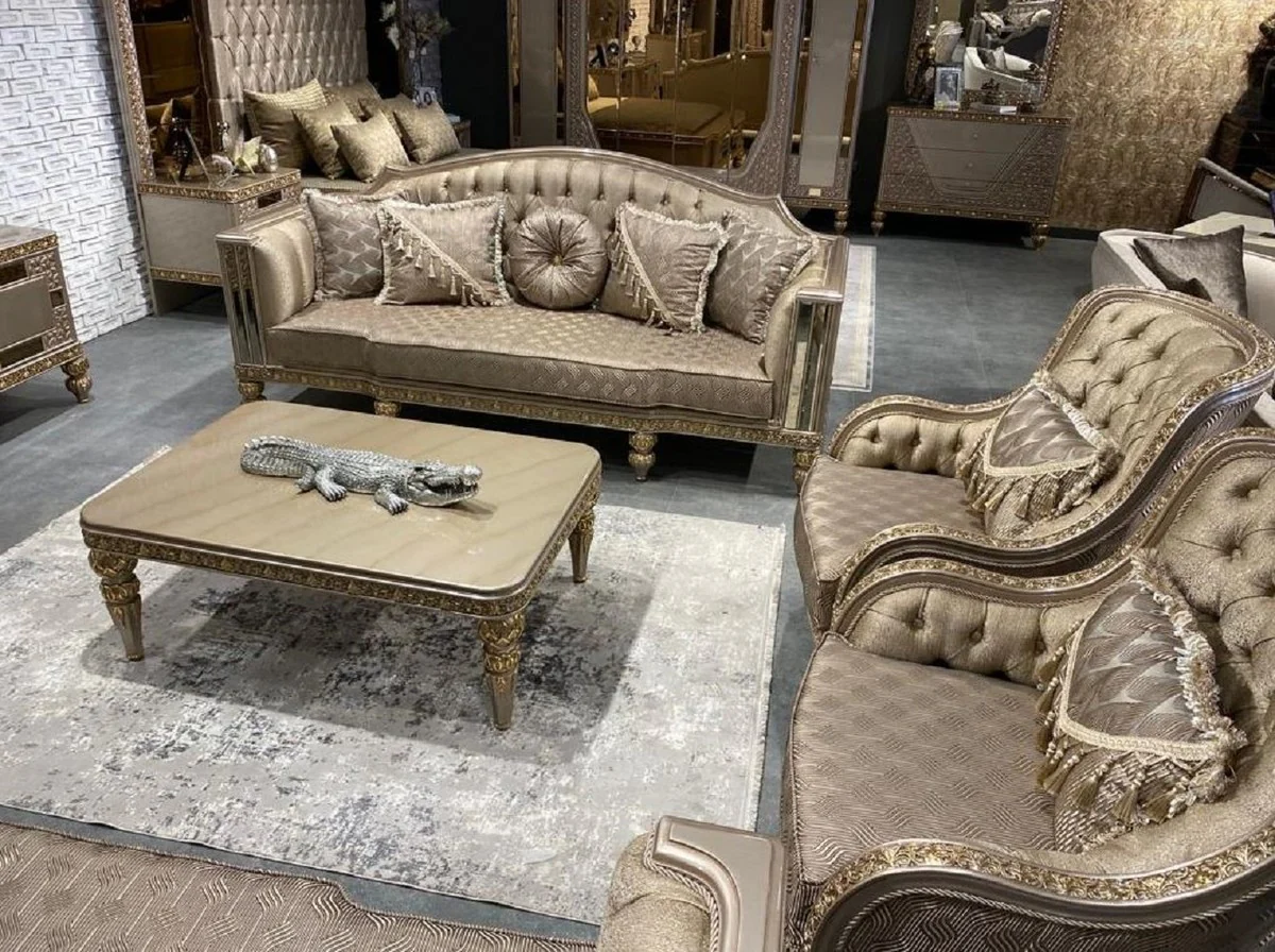 Luxus Barock Wohnzimmer Set Gold / Grau / Gold - 2 Barock Sofas & 2 Barock Sessel & 1 Barock Couchtisch - Luxus Wohnzimmer Möbel im Barockstil - Barock Möbel - Edel & Prunkvoll