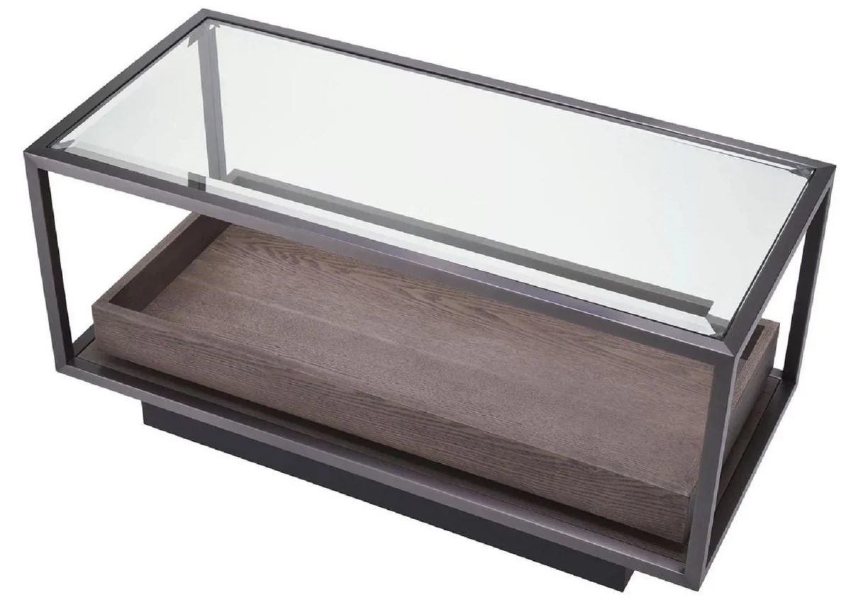 Luxus Beistelltisch Bronze / Grau 90 x 42 x H. 44 cm - Rechteckiger Tisch mit Glasplatte und edlem Furnier - Wohnzimmer Möbel - Luxus Möbel - Luxus Einrichtung