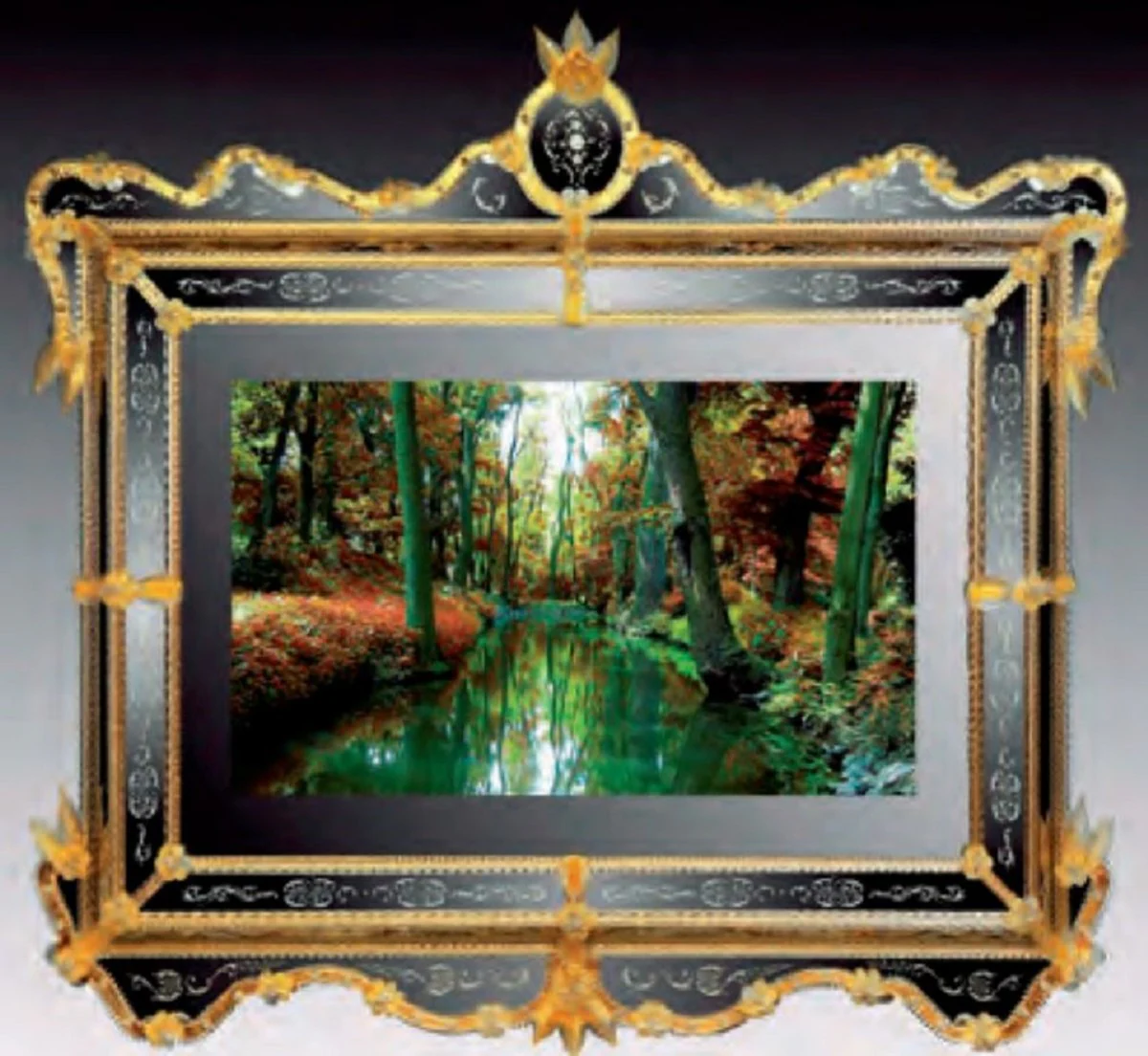 Luxus Barock Spiegel Gold - Prunkvoller Wandspiegel im Venezianischen Stil mit integriertem 40 Zoll TV - Hotel Möbel - Barock Möbel - Luxus Möbel im Barockstil - Made in Italy