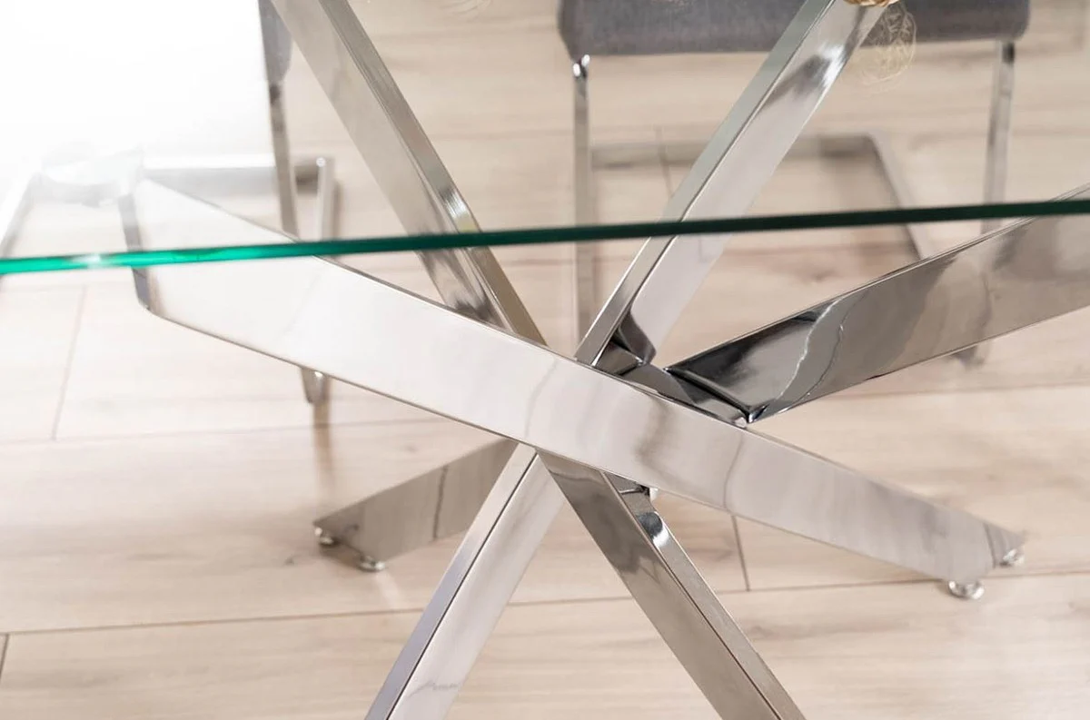 Luxus Esstisch Silber 140 x 80 x H. 75 cm - Rechteckiger Esszimmertisch mit gehärteter Glasplatte - Esszimmer Möbel - Küchen Möbel