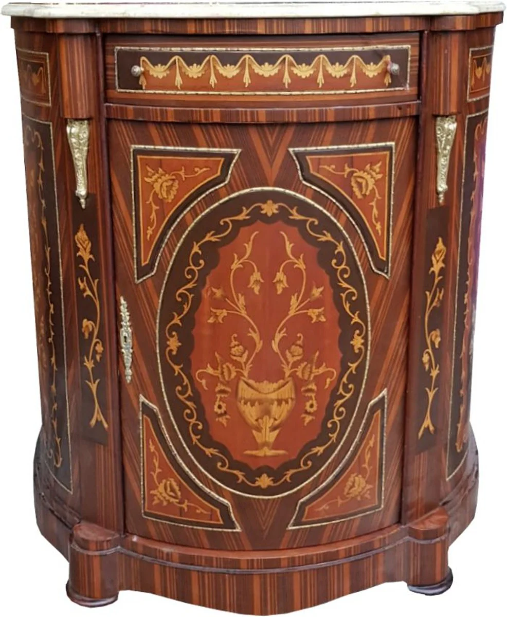 Empire Kommoden Schrank mit Marmorplatte Mahagoni Intarsien - Barock Möbel Kommode