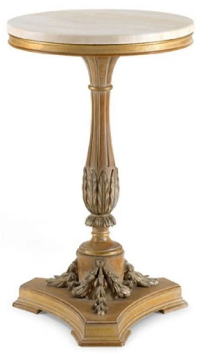 Luxus Barock Beistelltisch Antik Braun / Creme - Prunkvoller Massivholz Tisch mit Marmorplatte - Luxus Möbel im Barockstil - Barock Möbel - Luxus Qualität - Made in Italy