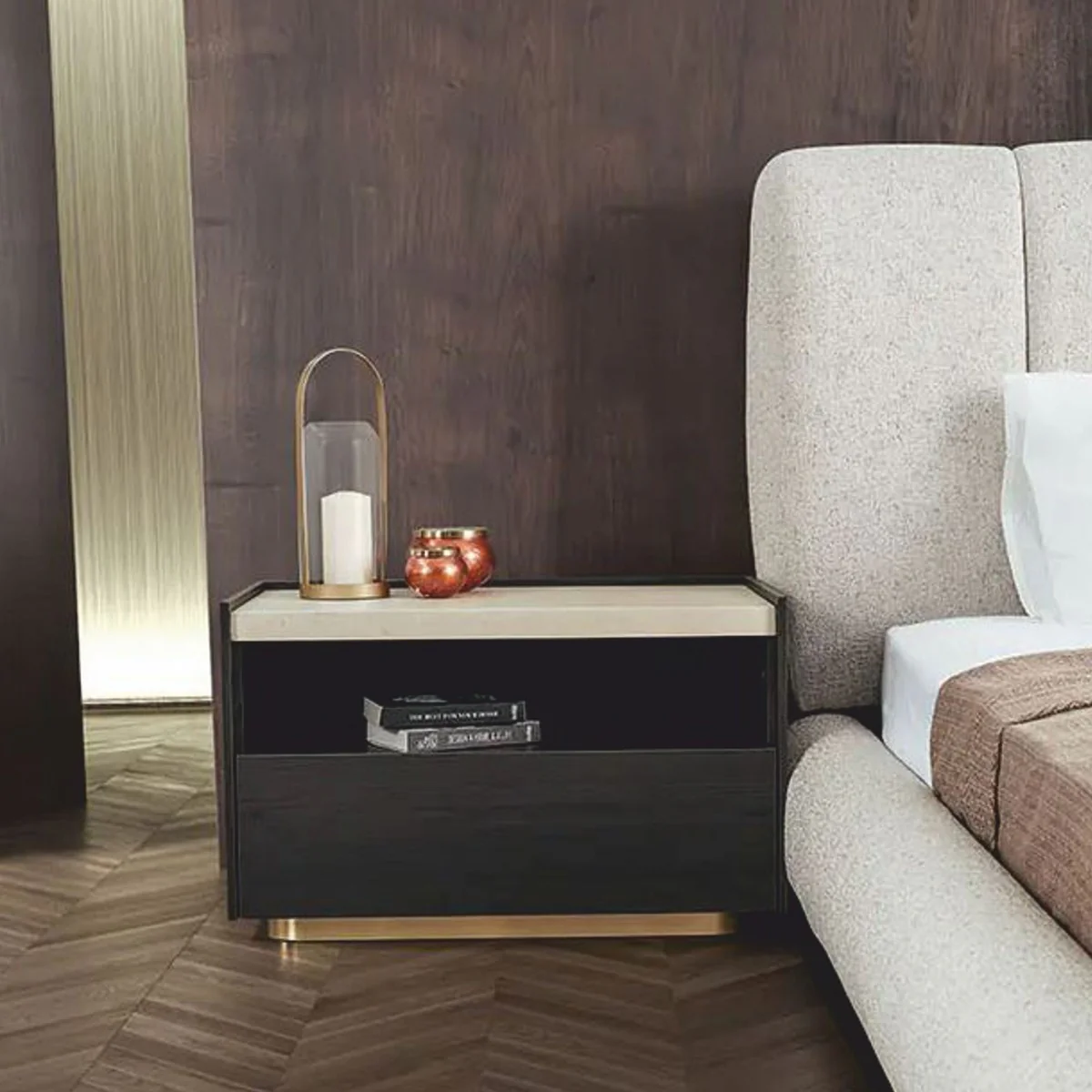 Luxus Nachttisch Dunkelbraun / Creme / Messing - Schlafzimmer & Hotel Möbel