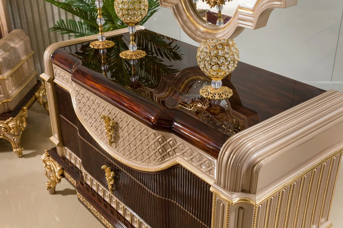 Luxus Barock Kommode mit Spiegel Dunkelbraun / Grau / Gold - Barock Möbel