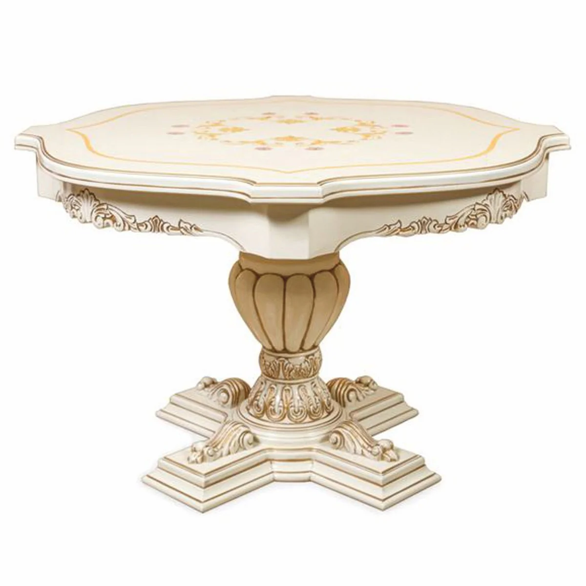 Luxus Barock Esstisch Weiß / Braun Ø 120 cm - Barock Esszimmer Möbel