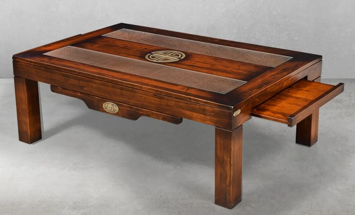 Luxus Vintage Stil Couchtisch Braun 125 x 80 x H. 45,5 cm - Massivholz Wohnzimmertisch - Vintage Stil Wohnzimmer Möbel - Luxus Wohnzimmer Möbel - Massivholz Wohnzimmer Möbel