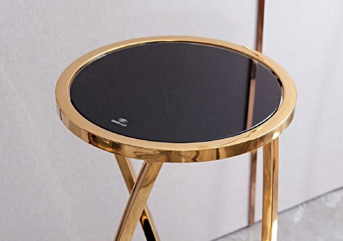 Luxus Beistelltisch Gold / Schwarz Ø 35 x H. 70 cm - Runder Edelstahl Blumentisch mit getönten Glasplatten - Wohnzimmer Möbel - Luxus Möbel