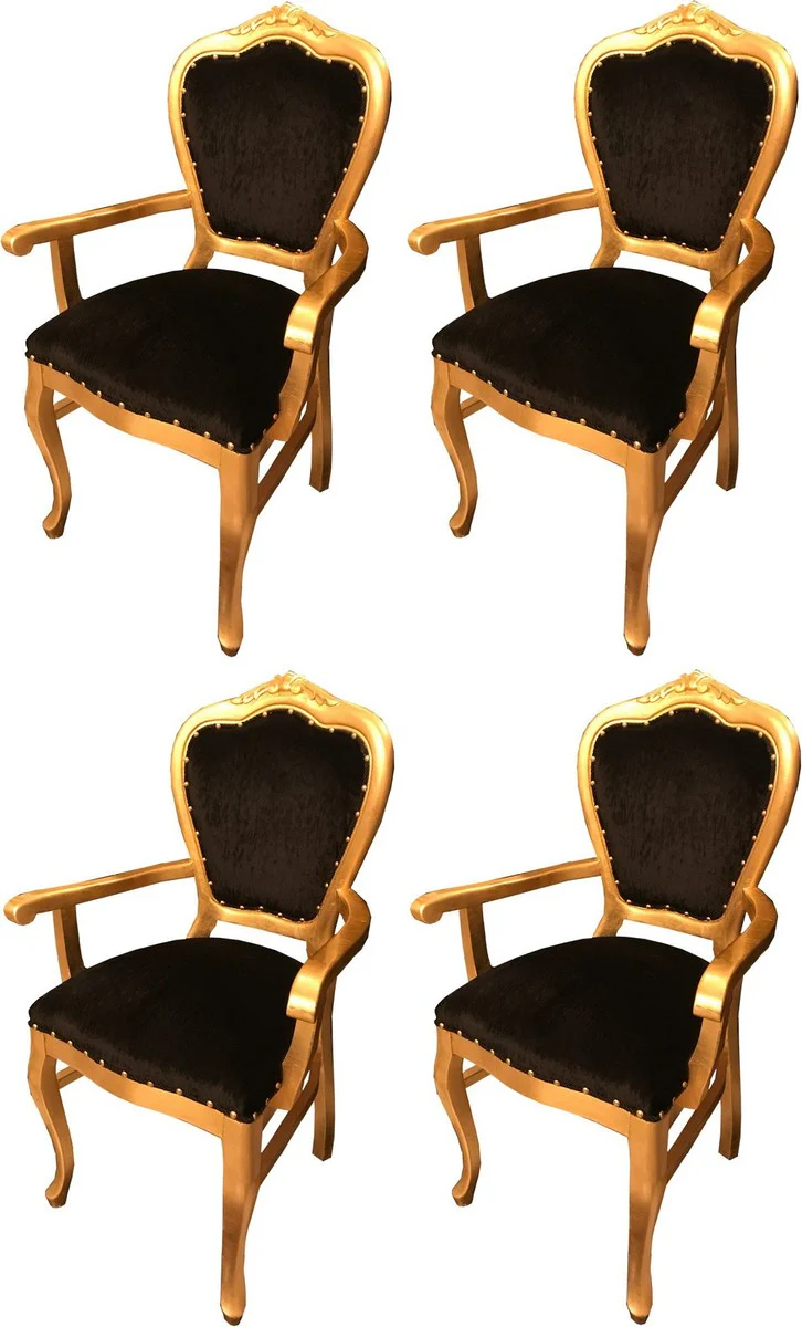 Luxus Barock Esszimmer Set Schwarz / Gold 60 x 47 x H. 99 cm - 4 handgefertigte Esszimmerstühle mit Armlehnen - Barock Esszimmermöbel