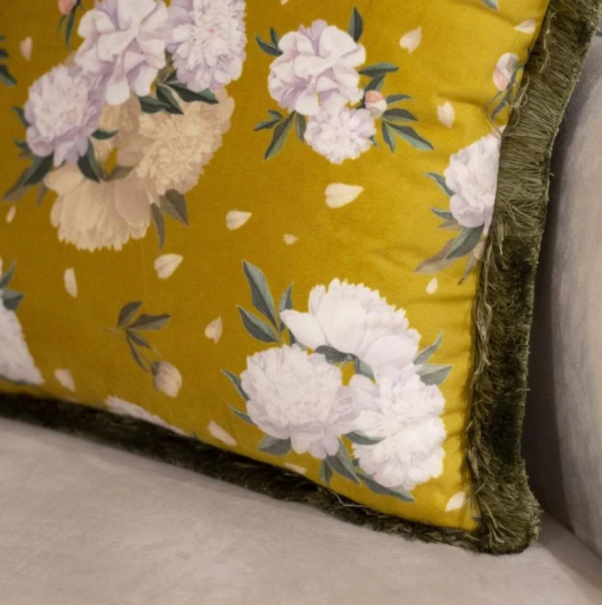 Luxus Deko Kissen Blumen Design Gelb / Mehrfarbig / Grün 45 x 45 cm - Bedrucktes Samt Kissen mit Fransen - Deko Accessoires