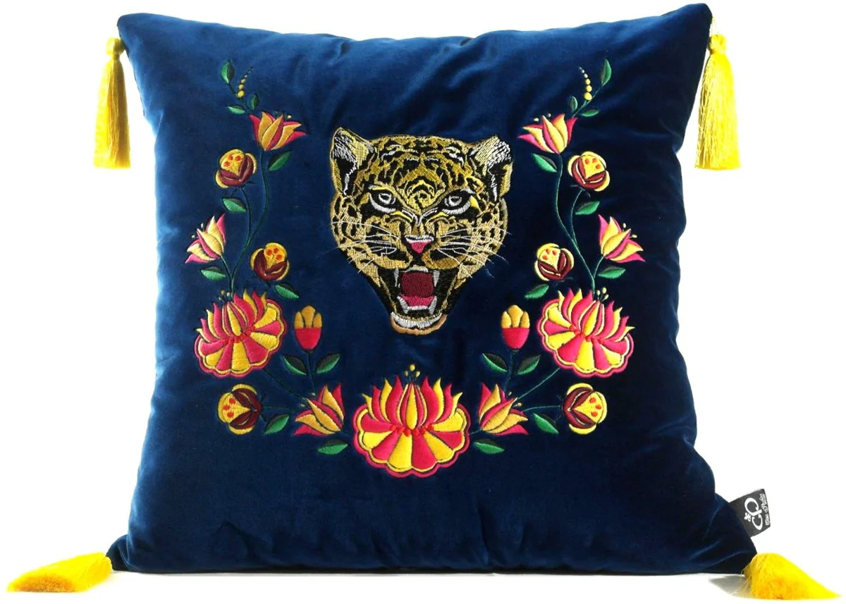 Luxus Deko Kissen mit Troddeln Tiger Blau / Mehrfarbig 45 x 45 cm - Feinster Samtstoff - Luxus Qualität