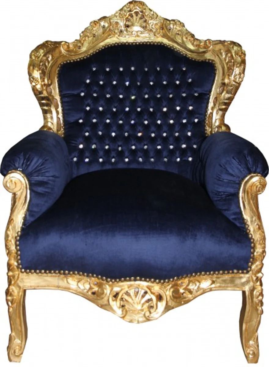 Barock Sessel King Royalblau/Gold mit Bling Bling Glitzersteinen