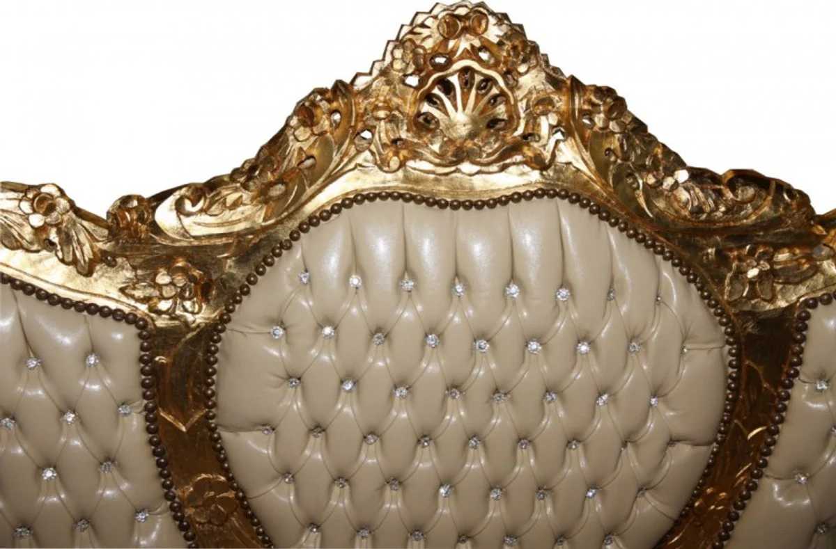 Barock Sofa Garnitur Creme / Gold Lederoptik Bling Bling - Möbel Antik Stil