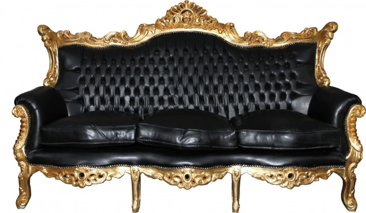 Barock 3er Sofa Master Schwarz / Gold Lederoptik Mod2 - Limited Edition - Wohnzimmer Couch Möbel Lounge