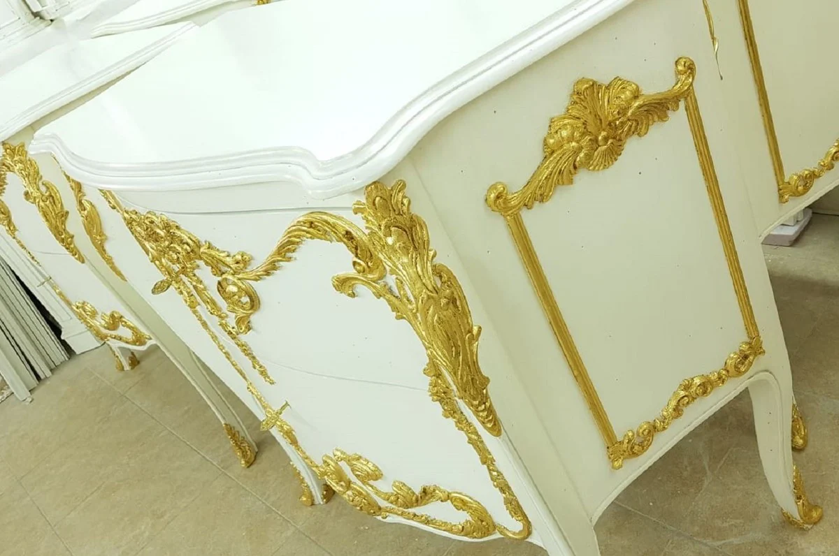 Luxus Barock Kommode Weiß / Gold - Handgefertigte Massivholz Kommode mit 2 Schubladen - Luxus Möbel im Barockstil - Barock Möbel - Luxus Qualität - Made in Italy