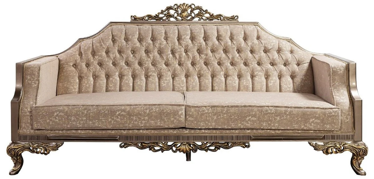 Luxus Barock Sofa Grau / Beige / Silber / Gold - Prunkvolles Wohnzimmer Sofa mit Muster - Barock Wohnzimmer Möbel - Edel & Prunkvoll