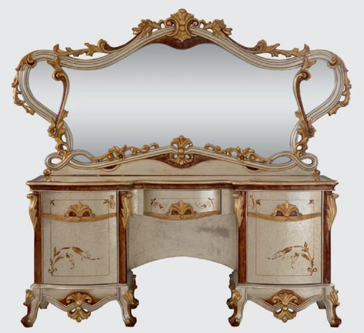 Luxus Barock Schlafzimmer Kommode mit Spiegel Silber / Braun / Gold - Barock Schlafzimmer Möbel - Edel & Prunkvoll
