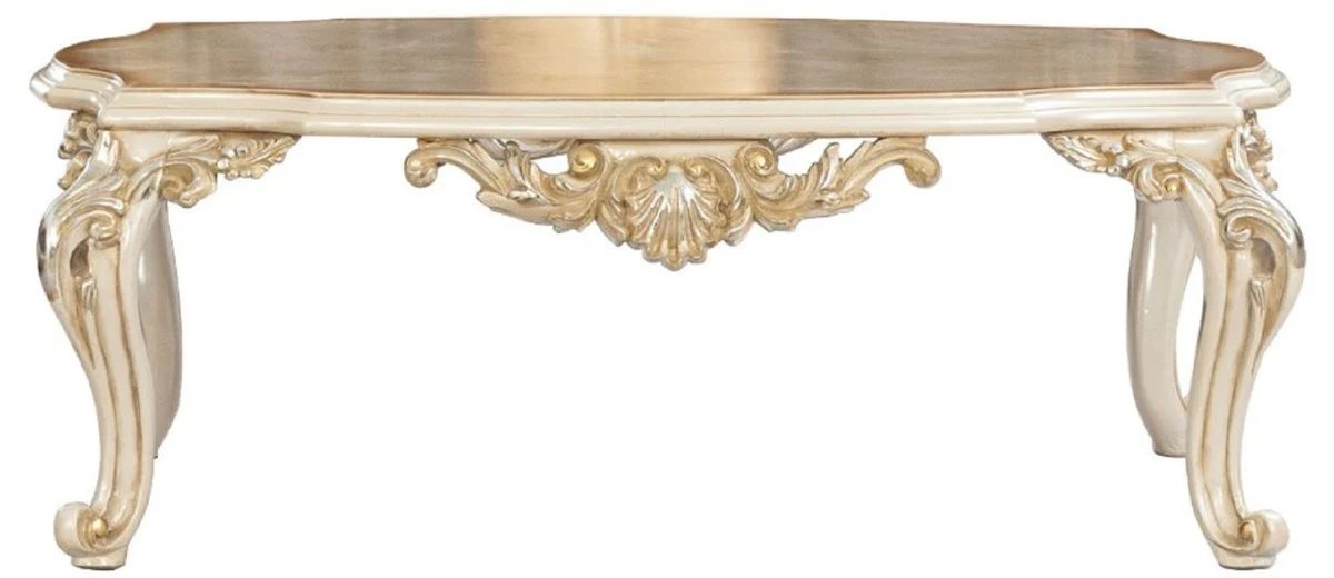 Luxus Barock Couchtisch Braun / Weiß / Gold / Silber - Handgefertigter Massivholz Wohnzimmertisch im Barockstil - Barock Möbel - Edel & Prunkvoll