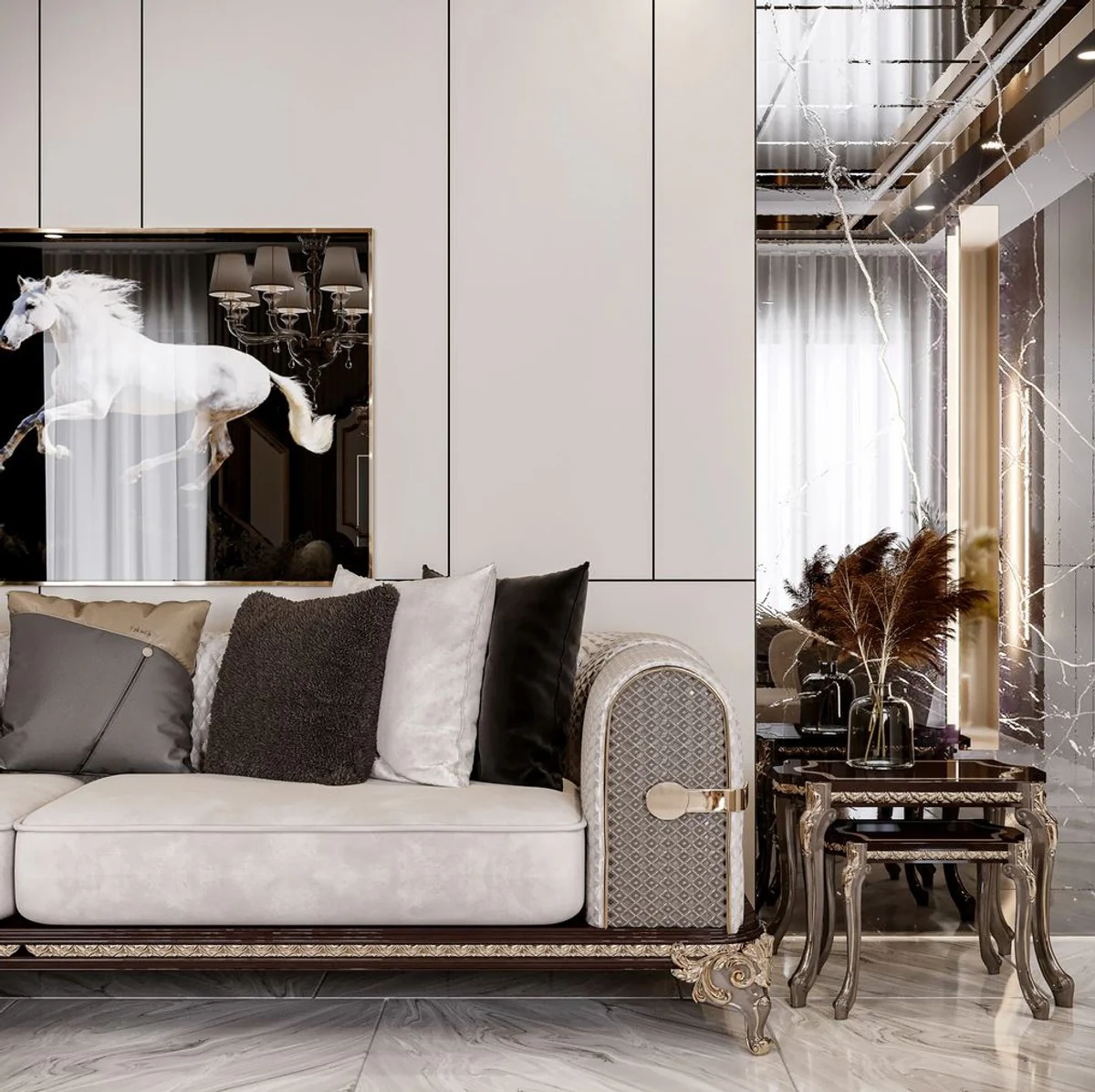 Luxus Barock Sofa Creme / Grau / Dunkelbraun / Gold