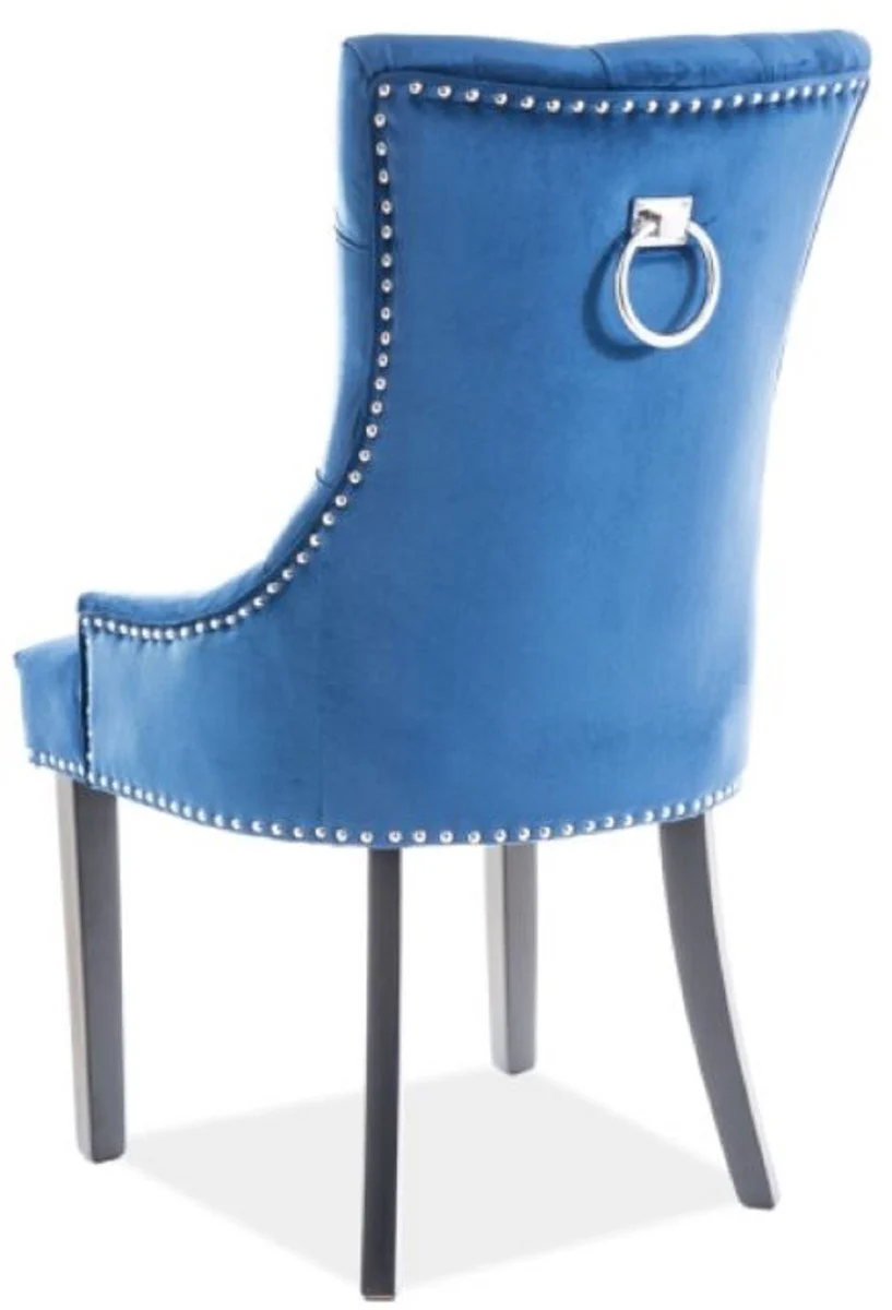 Luxus Chesterfield Esszimmerstuhl Blau / Silber / Schwarz 55 x 45 x H. 99 cm - Küchenstuhl mit Samtstoff - Esszimmer Möbel