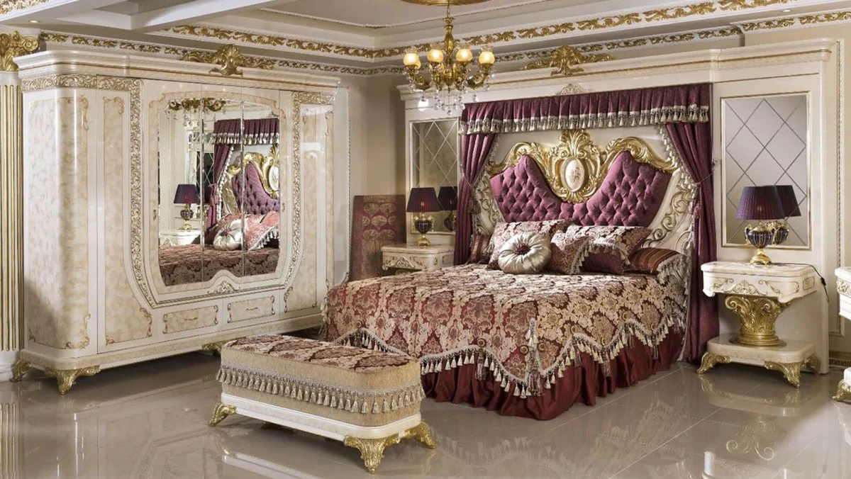 Luxus Barock Schlafzimmerschrank Weiß / Beige / Gold - Prunkvoller Massivholz Kleiderschrank im Barockstil - Barock Schlafzimmer & Hotel Möbel - Edel & Prunkvoll