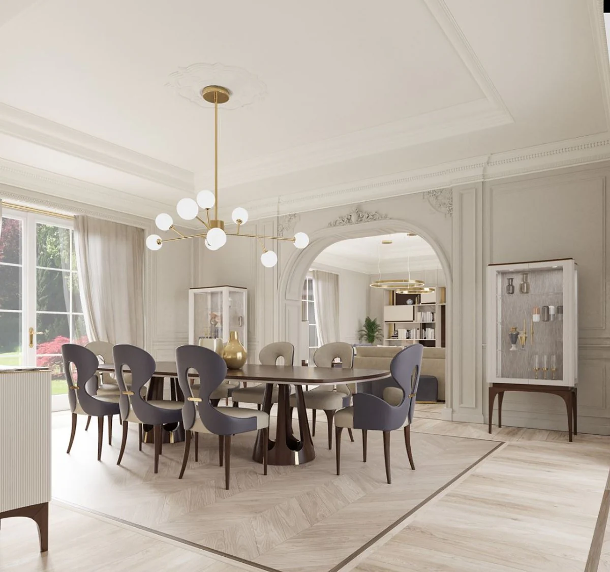 Luxus Art Deco Esszimmer Set Grau / Lila / Braun / Gold - 1 Luxus Art Deco Esstisch & 8 Luxus Art Deco Esszimmerstühle - Art Deco Esszimmer Möbel - Luxus Qualität - Made in Italy